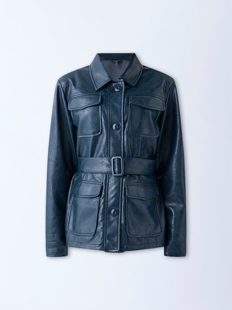 LOV Teal Faux Leather Jacket with Belt