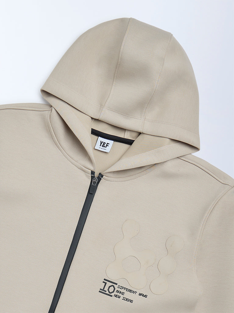 Y&F Kids Beige Typographic Hooded Jacket