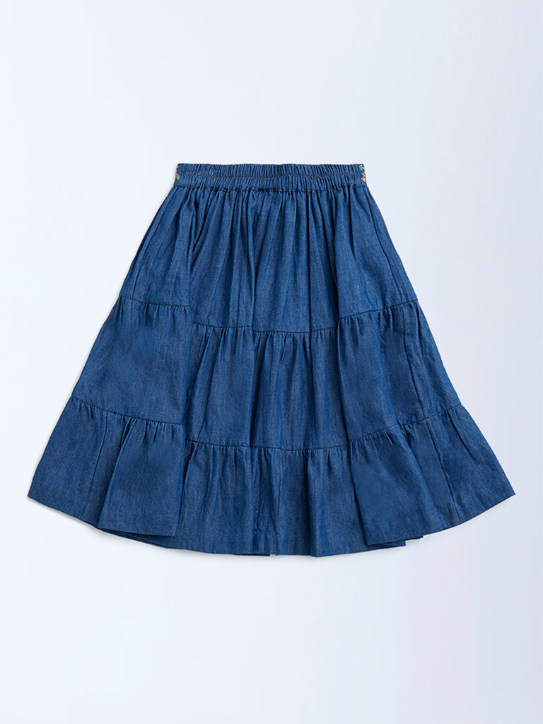 Utsa Kids Dark Blue Embroidered Tiered Cotton Skirt - (2-8yrs)