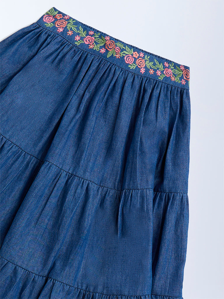Utsa Kids Dark Blue Embroidered Tiered Cotton Skirt - (2-8yrs)
