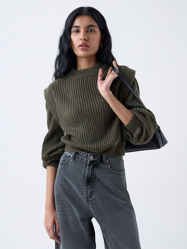 Nuon Olive Knit-Textured Sweater
