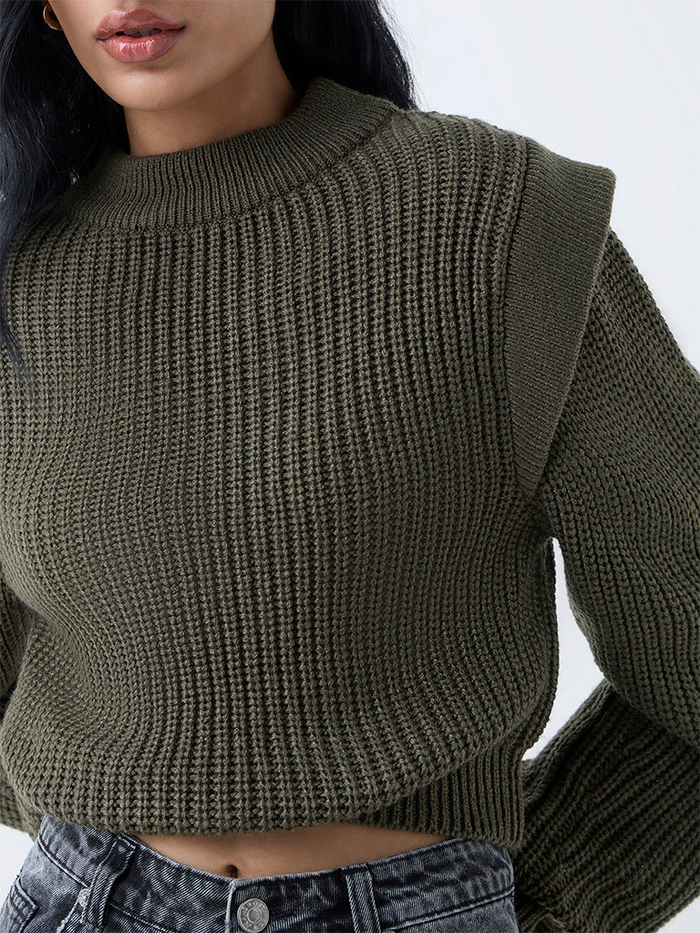 Nuon Olive Knit-Textured Sweater