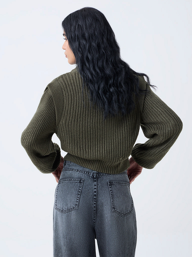 Nuon Olive Knit-Textured Sweater
