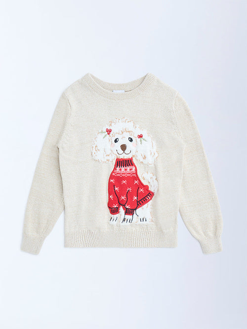 HOP Kids Beige Embroidered Cotton Sweater