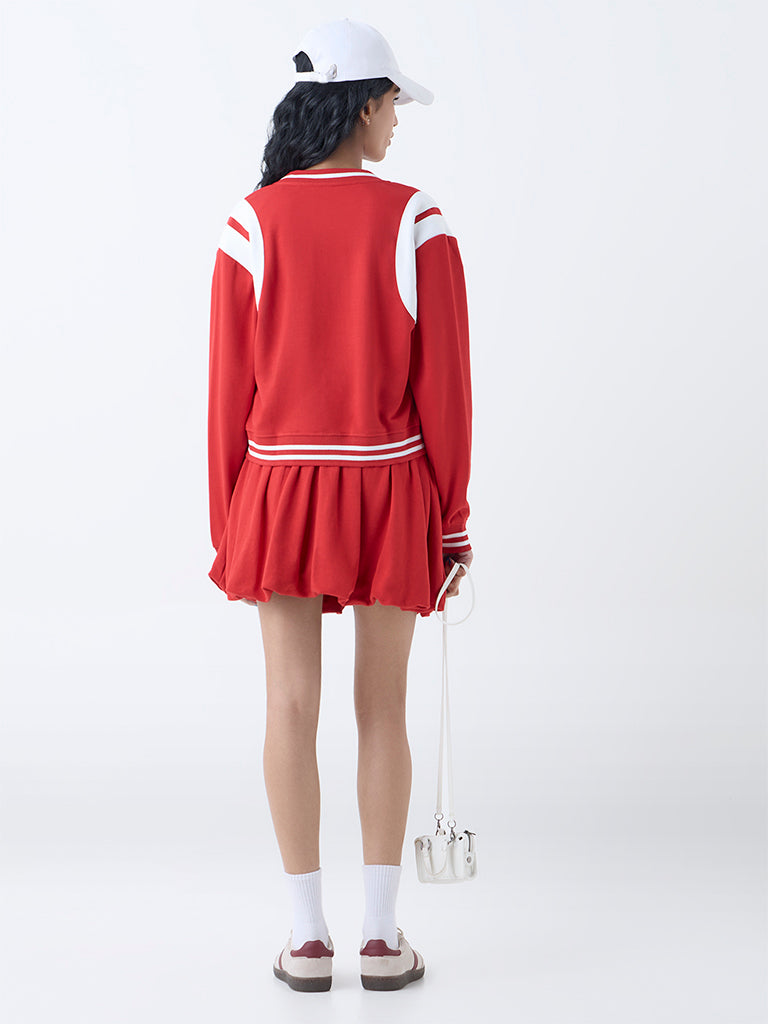 Studiofit Red Typographic Cotton-Blend Varsity Jacket