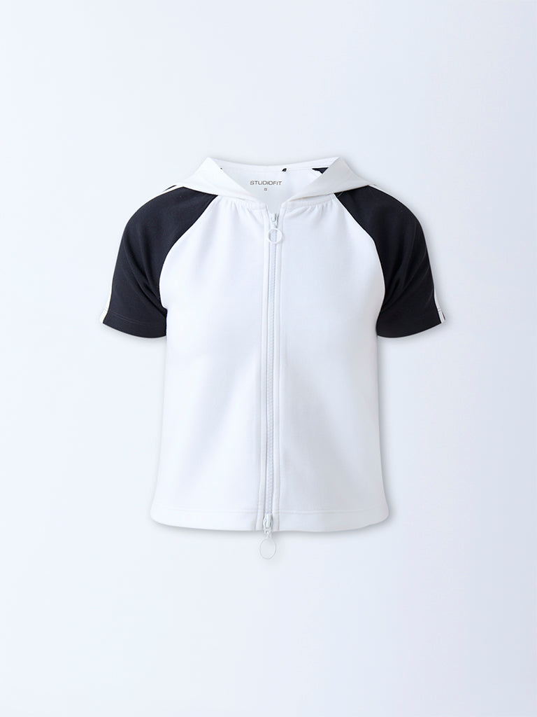 Studiofit White Colour-Blocked Cropped Jacket