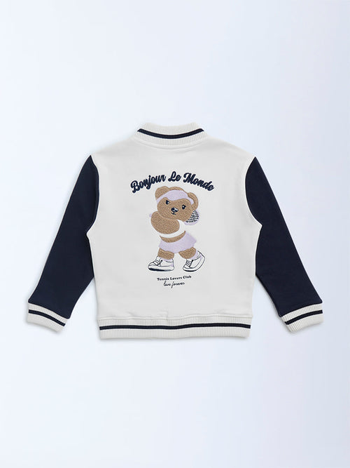 HOP Kids White Colour-Blocked Cotton-Blend Varsity Jacket