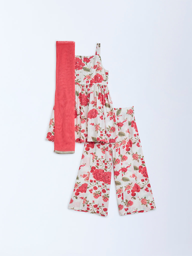 Utsa Kids Off-White Floral Design Fit-and-Flare Ethnic Set - (2-8yrs)