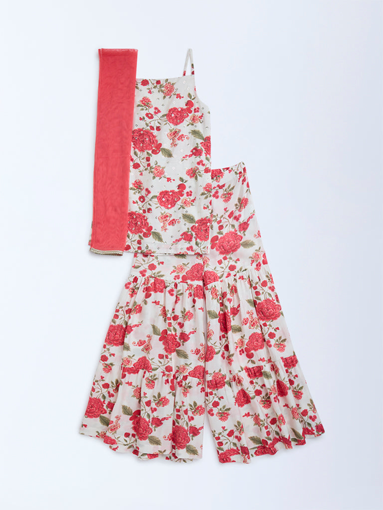 Utsa Kids Off-White Floral Design Straight Ethnic Set - (8-14yrs)