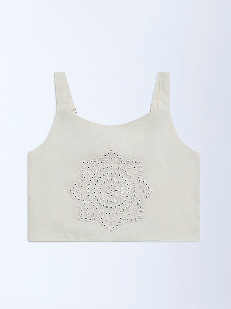 Utsa Kids Off-White Mirror Detailed Cotton Ethnic Top - (8-14yrs)