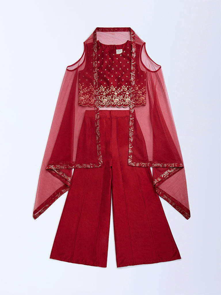 Utsa Kids Red Floral Embroidered Ethnic Set - (8-14yrs)