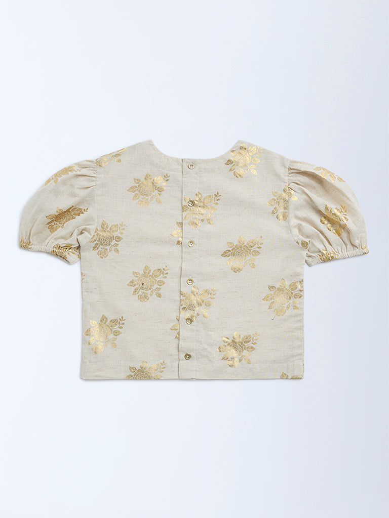 Utsa Kids Beige Floral Design Cotton-Blend Ethnic Top - (8-14yrs)