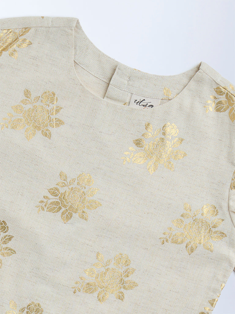 Utsa Kids Beige Floral Design Cotton-Blend Ethnic Top - (8-14yrs)