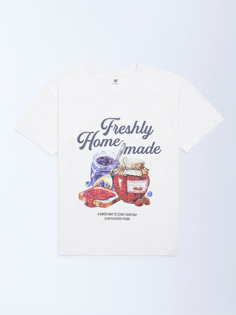 Y&F Kids White Printed Cotton T-Shirt