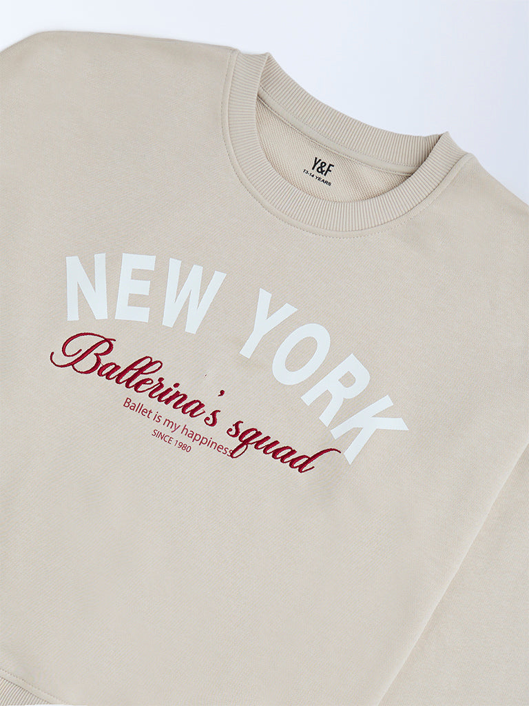 Y&F Kids Beige Text-Printed Cotton Sweatshirt