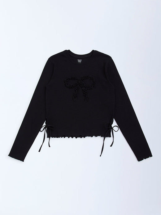 Y&F Kids Black Bow-Detailed Cotton-Blend Top