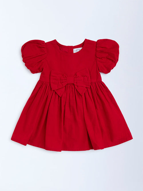 HOP Baby Red Solid Bow-Detailed Cotton Dress