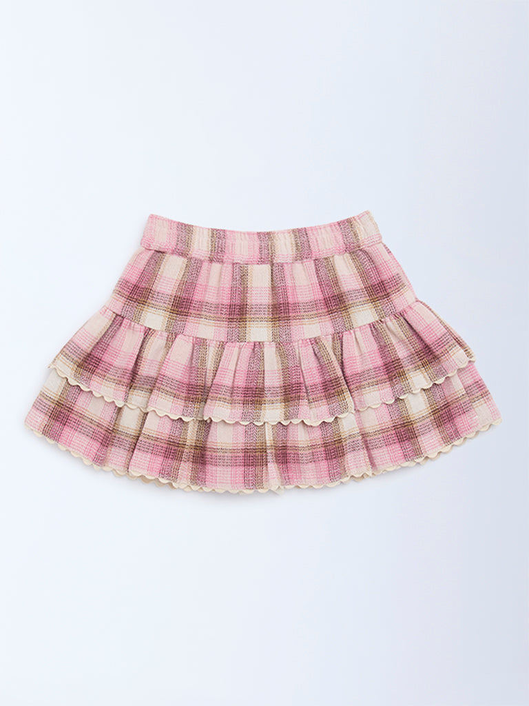 HOP Kids Pink Checkered High-Rise Cotton Skirt