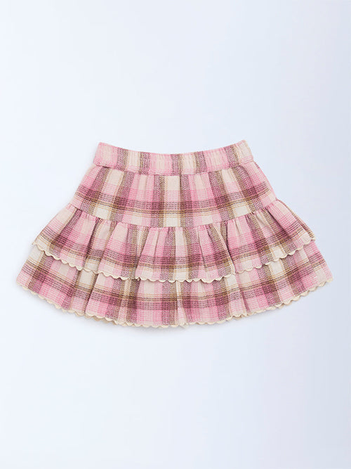 HOP Kids Pink Checkered High-Rise Cotton Skirt