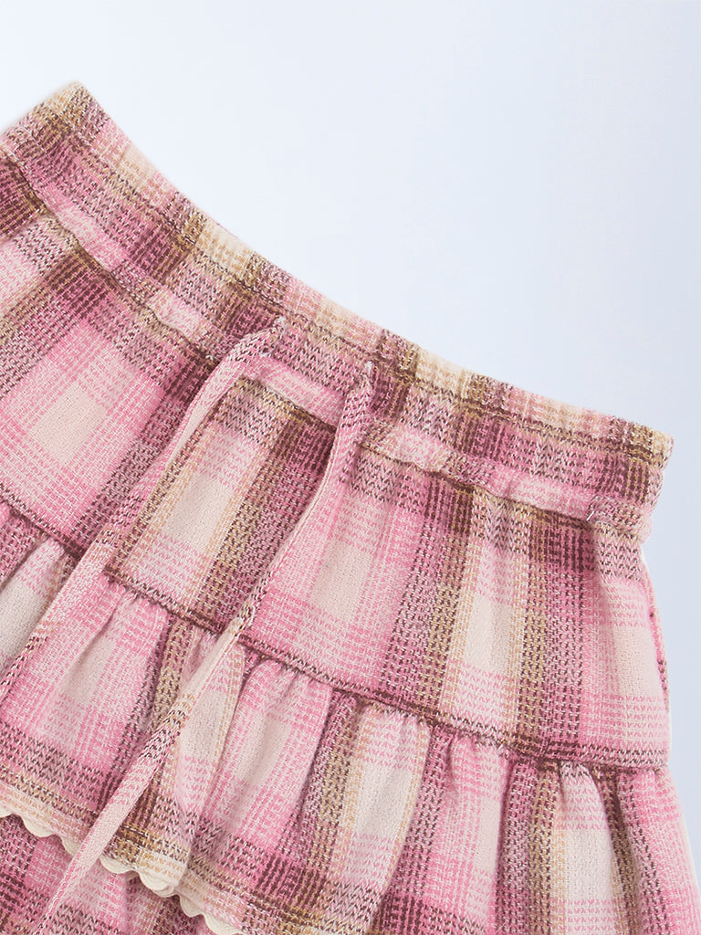 HOP Kids Pink Checkered High-Rise Cotton Skirt