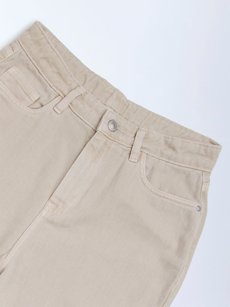 Y&F Kids Beige Solid Relaxed-Fit Mid-Rise Jeans