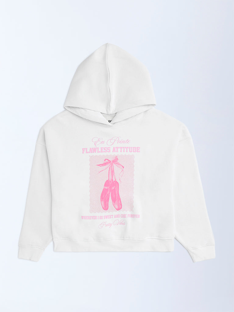 Y&F Kids White Printed Cotton-Blend Hoodie