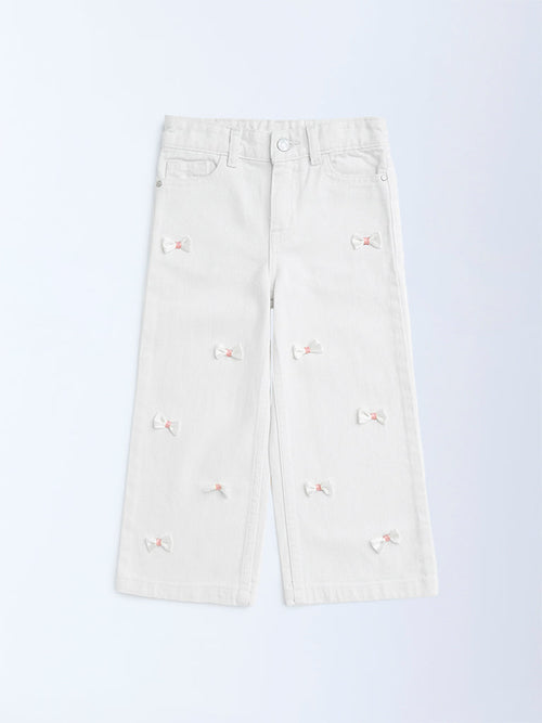HOP Kids White Bow-Detailed Wide-Leg Mid-Rise Jeans