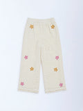 HOP Kids Off-White Floral Applique-Detailed High-Rise Cotton Pants