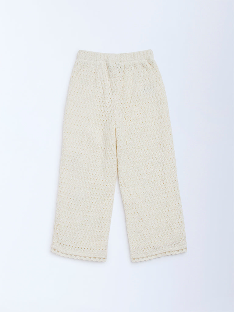 HOP Kids Off-White Floral Applique-Detailed High-Rise Cotton Pants