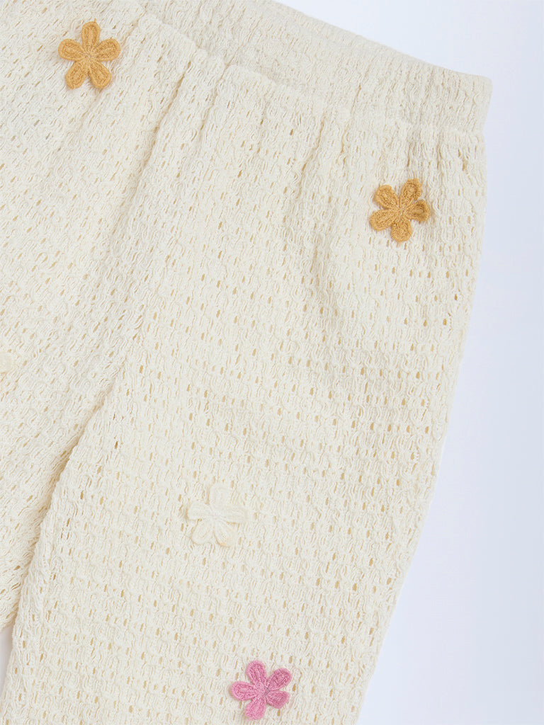 HOP Kids Off-White Floral Applique-Detailed High-Rise Cotton Pants