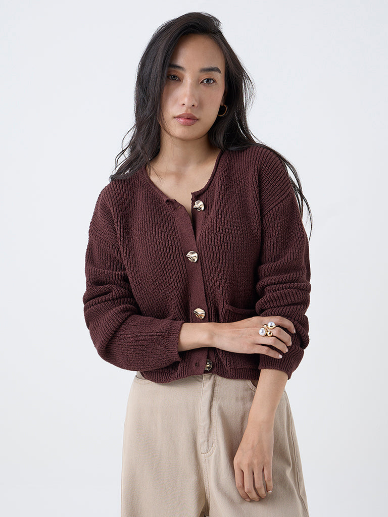 LOV Dark Brown Knitted Cotton-Blend Cardigan