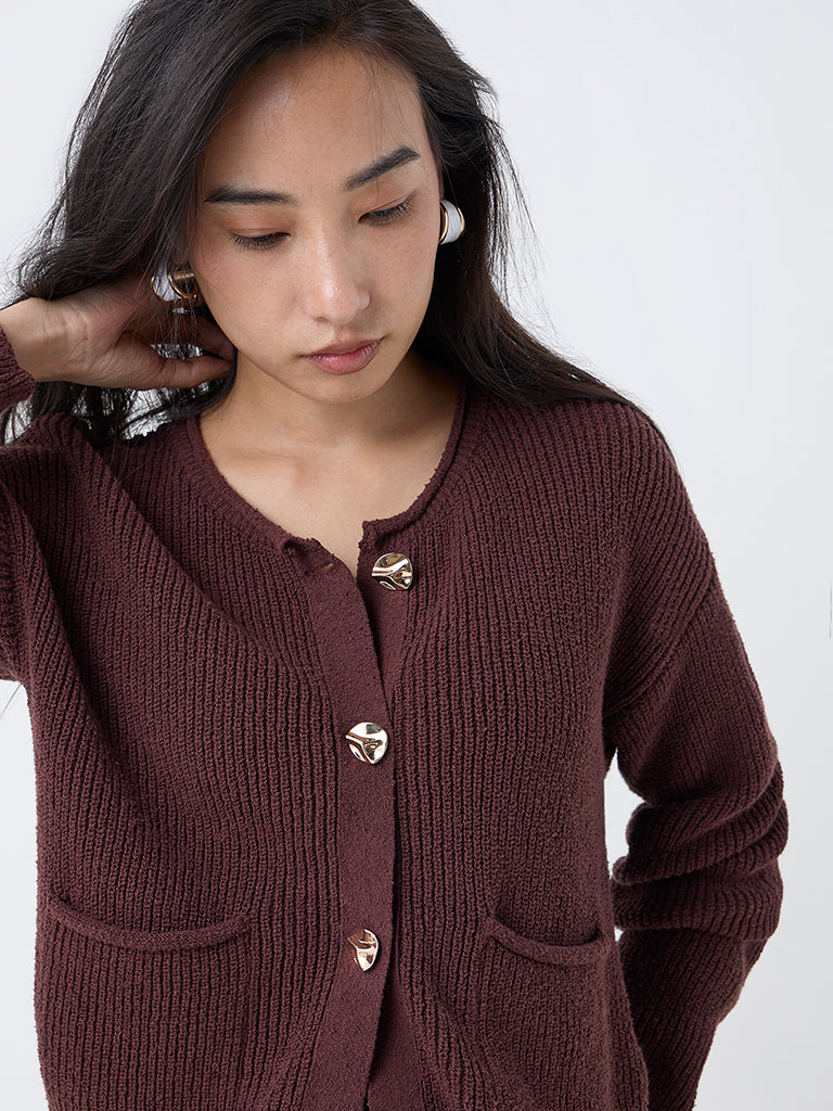 LOV Dark Brown Knitted Cotton-Blend Cardigan