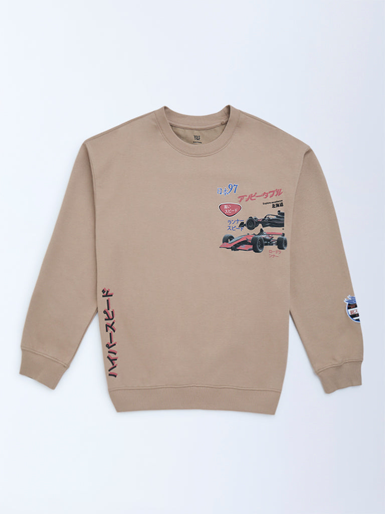 Y&F Kids Beige Graphic Printed Cotton-Blend Sweatshirt