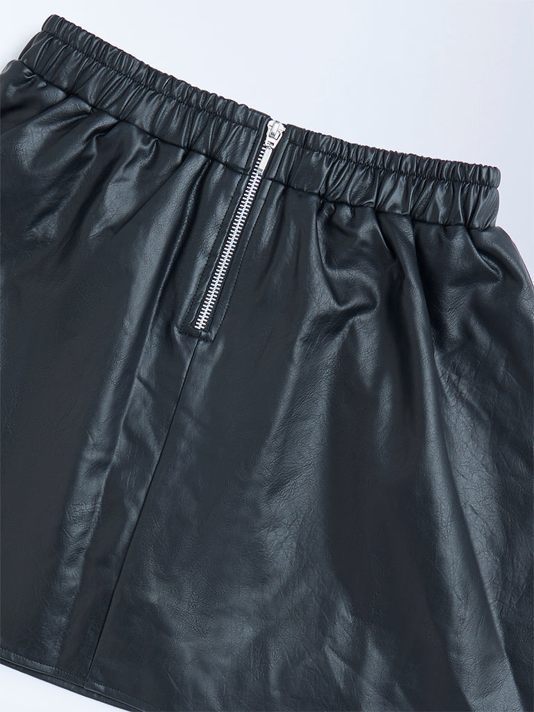 Y&F Kids Black High-Rise Leather Skirt