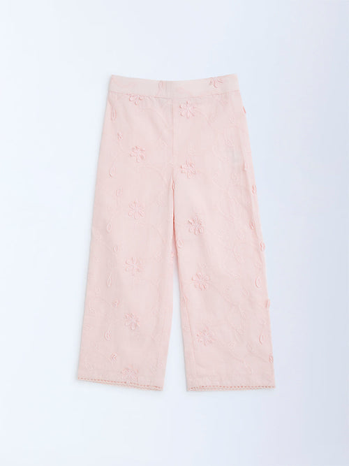 HOP Kids Pink Floral Embroidered High-Rise Cotton Pants