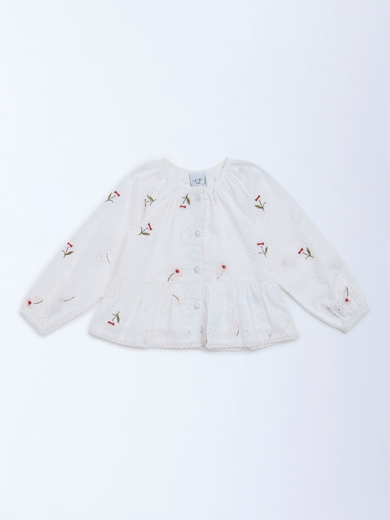 HOP Kids White Floral Embroidered Cotton Peplum Top