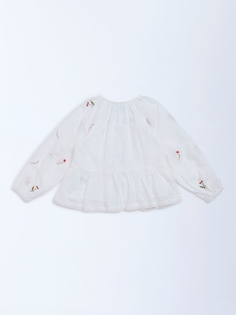 HOP Kids White Floral Embroidered Cotton Peplum Top