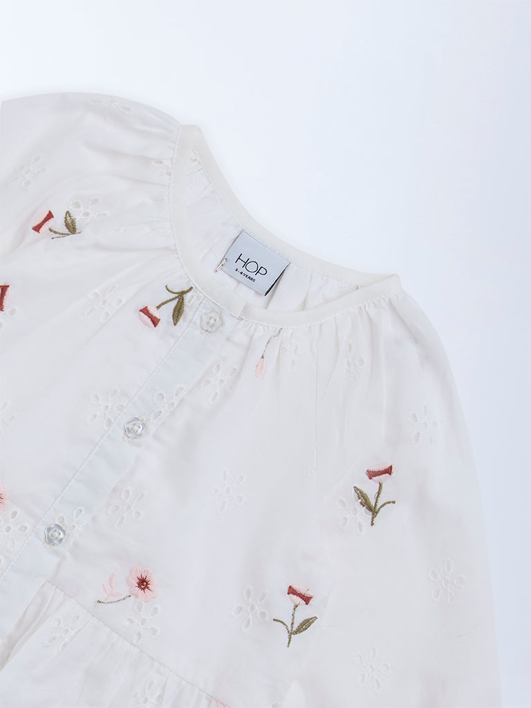 HOP Kids White Floral Embroidered Cotton Peplum Top