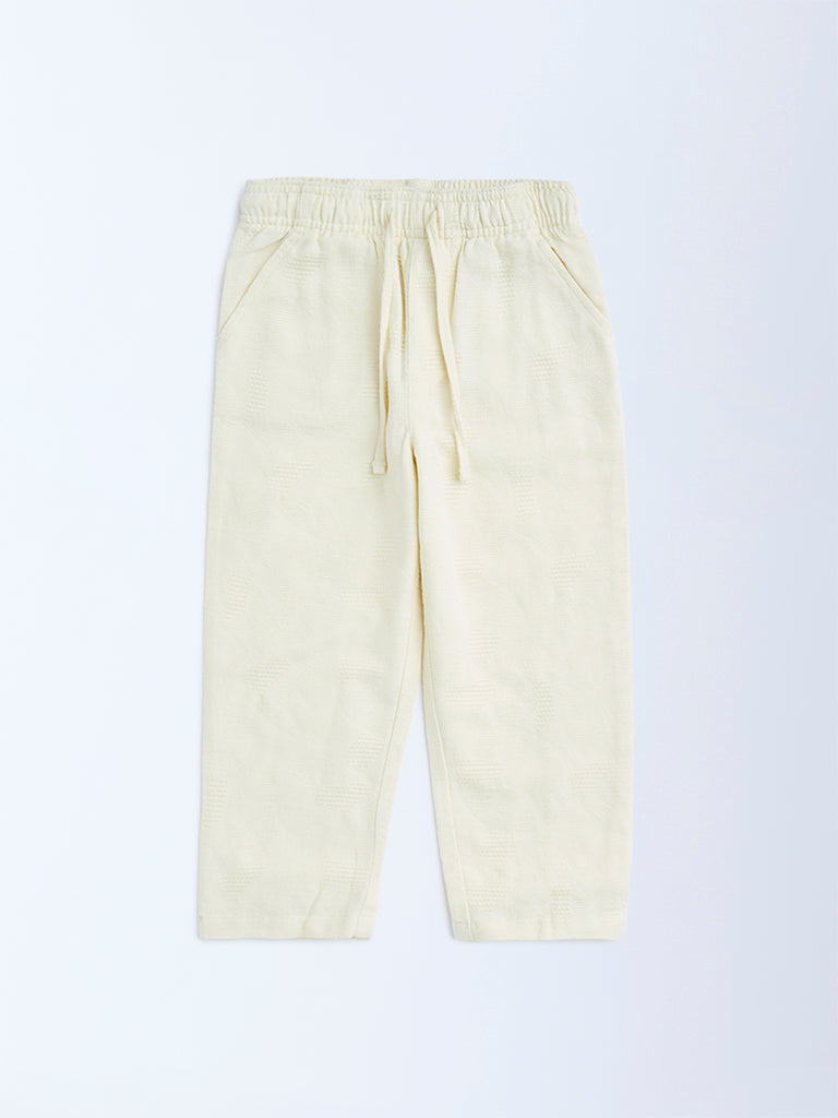 HOP Kids Off-White Textured Mid-Rise Cotton Trousers