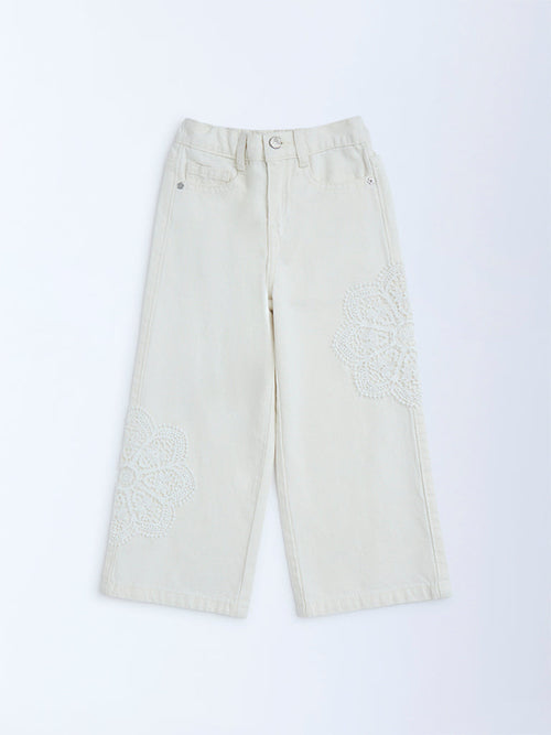 HOP Kids White Embroidered Relaxed-Fit High-Rise Jeans