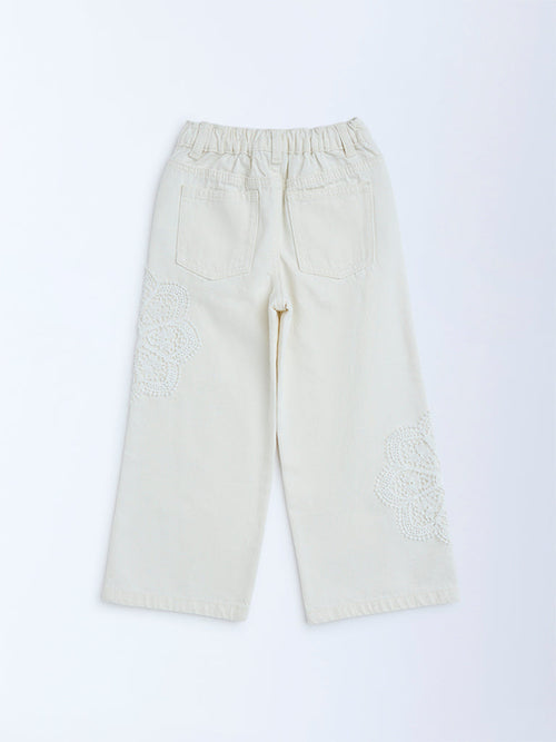 HOP Kids White Embroidered Relaxed-Fit High-Rise Jeans