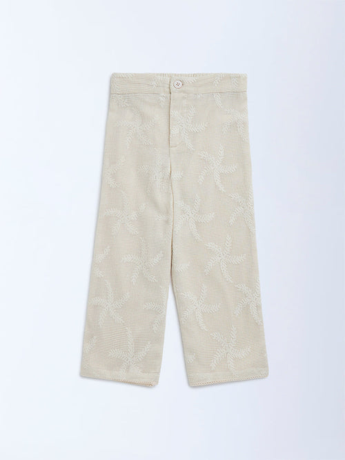 HOP Kids Beige Leaf Embroidered High-Rise Cotton-Blend Trousers
