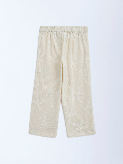 HOP Kids Beige Leaf Embroidered High-Rise Cotton-Blend Trousers