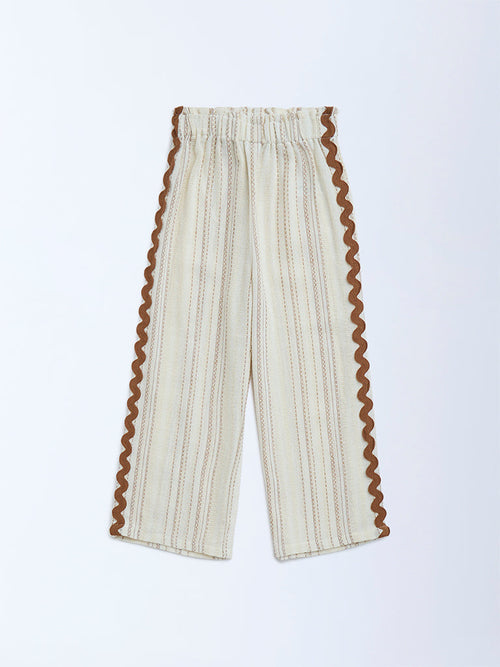 HOP Kids Cream Embroidered High-Rise Cotton Trousers