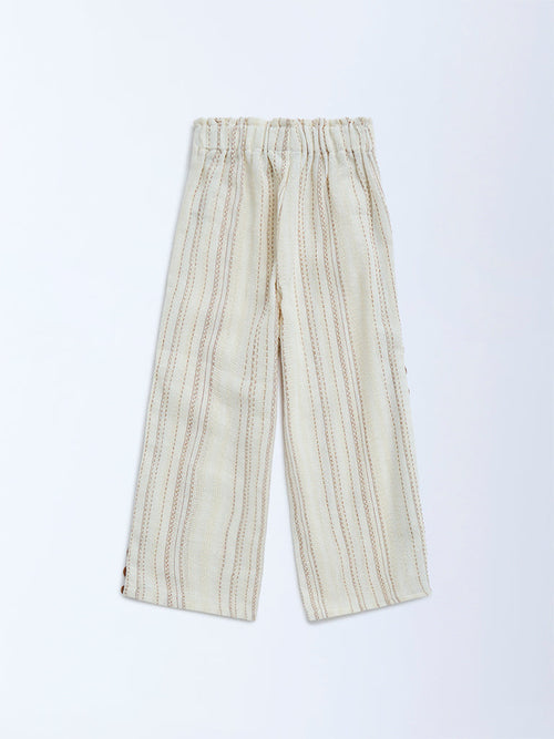 HOP Kids Cream Embroidered High-Rise Cotton Trousers