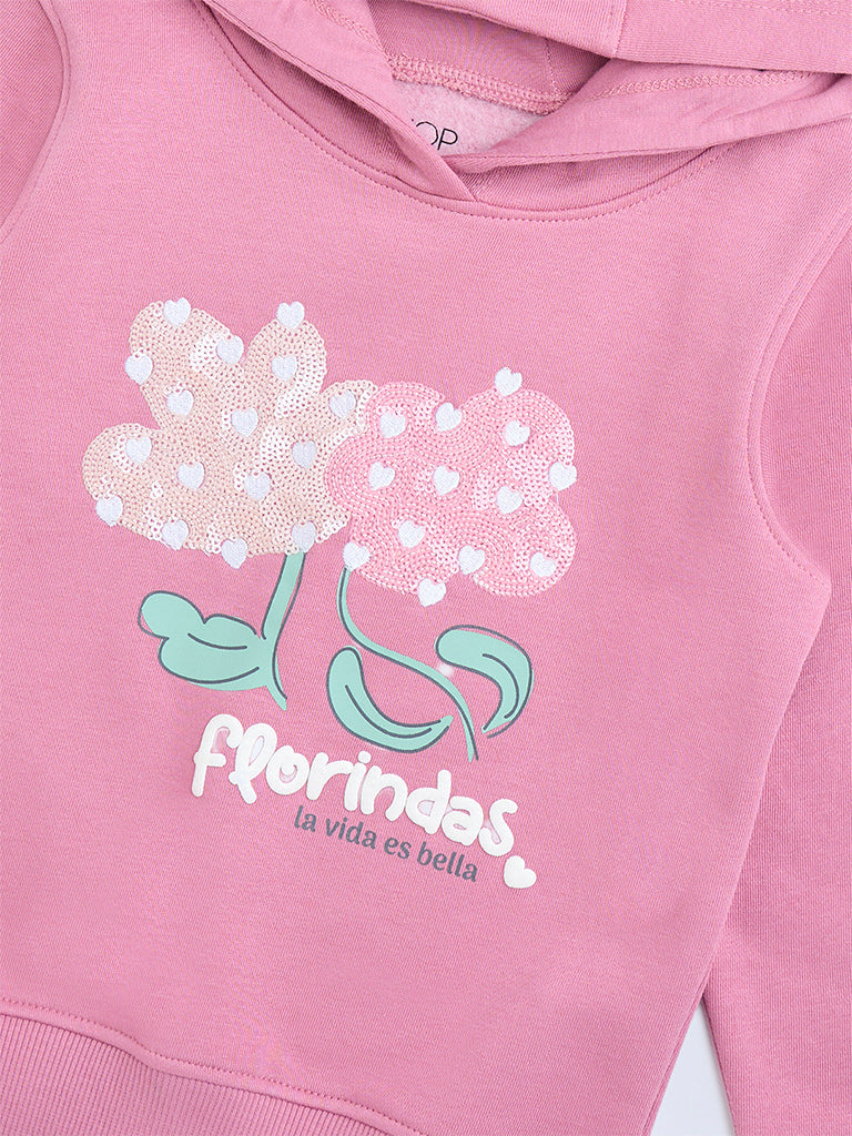 HOP Kids Pink Embroidered Cotton-Blend Hoodie