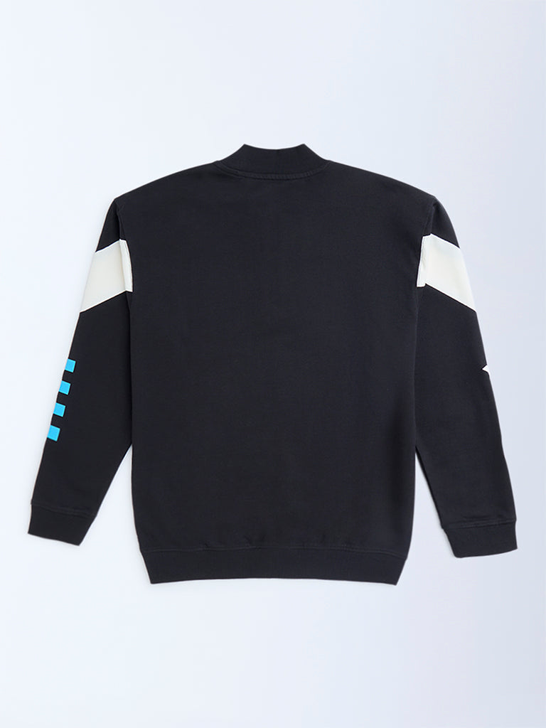 Y&F Kids Black Printed Cotton Quarter-Zip Sweatshirt