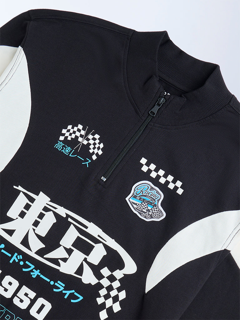 Y&F Kids Black Printed Cotton Quarter-Zip Sweatshirt