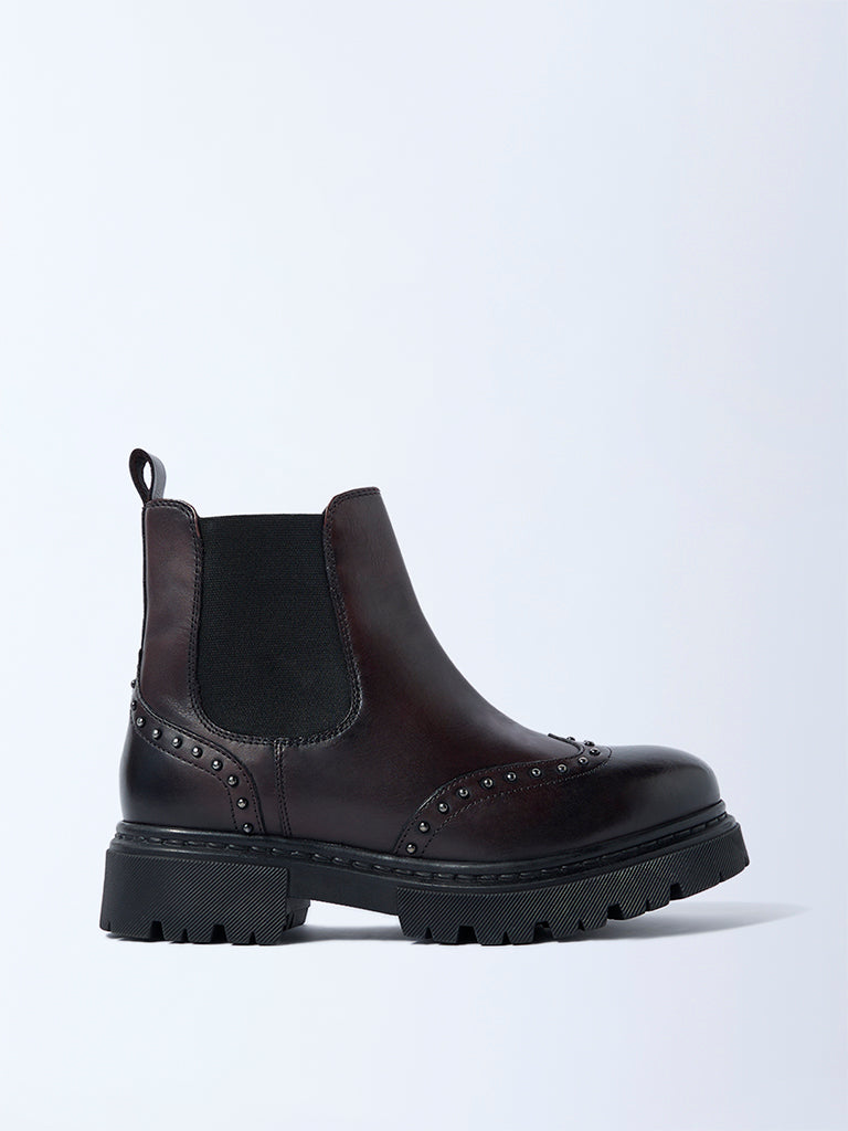 LUNA BLU Burgundy Stud-Detailed Chelsea Leather Boots