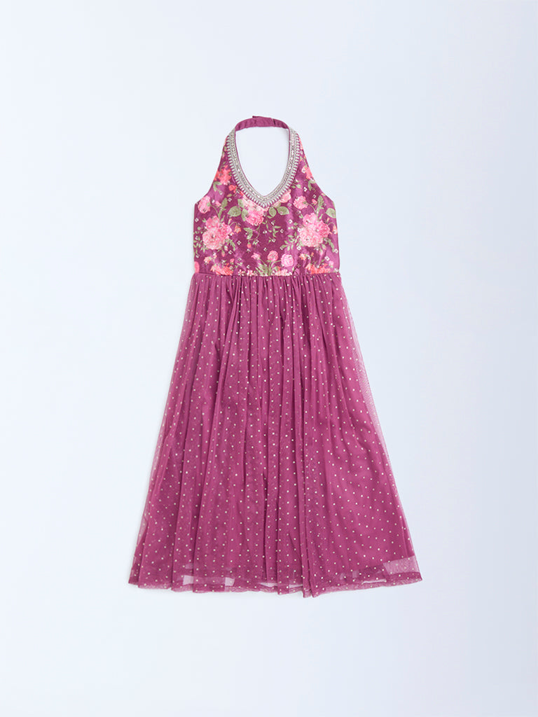 Utsa Kids Dusty Rose Floral Pattern Halter-Neck Dress - (2-8yrs)